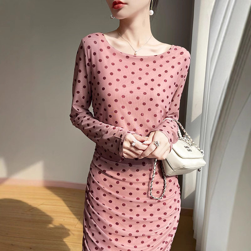 圆领长袖中长款波点连衣裙女修身显瘦裙子御姐轻熟风时尚抽褶长裙
