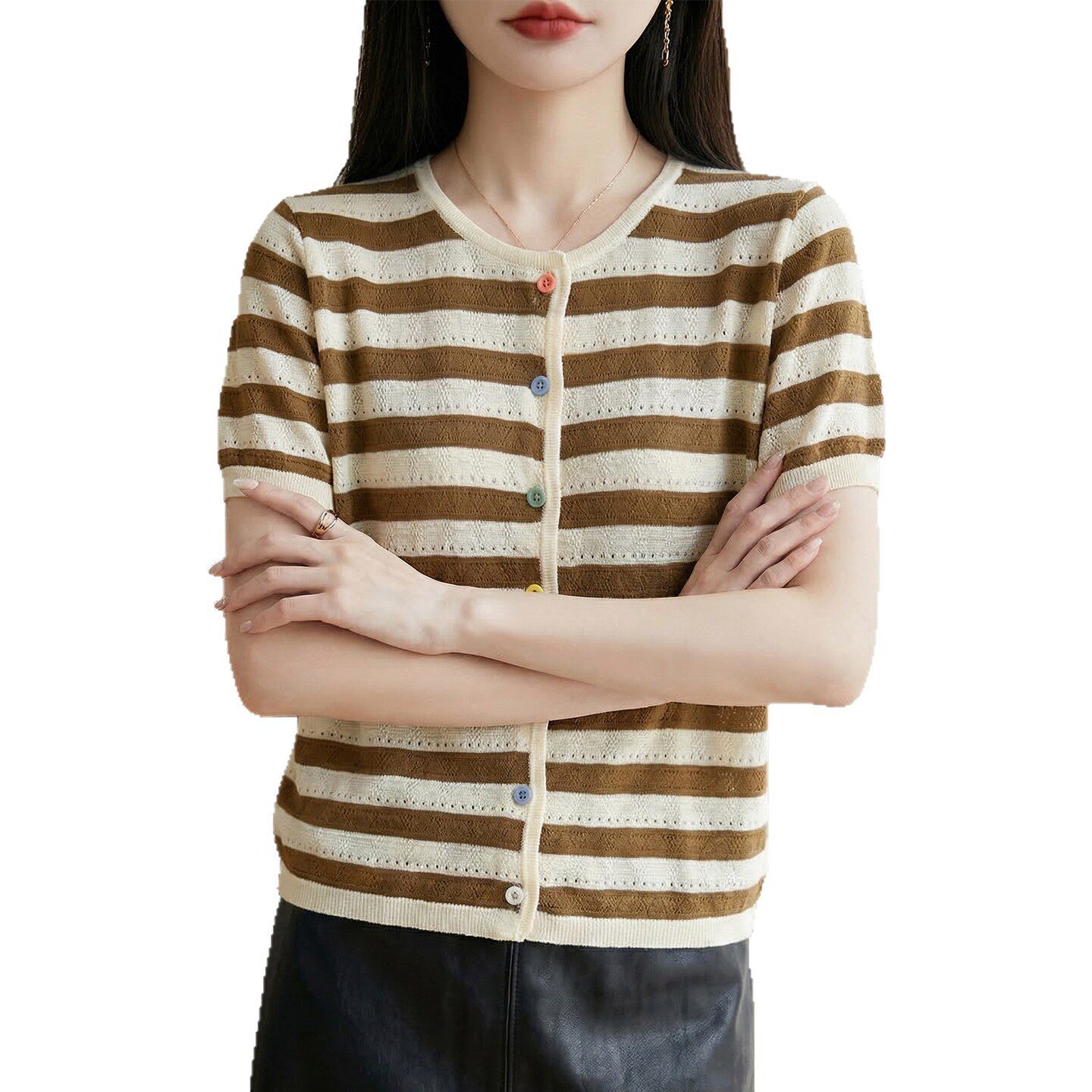 夏季减龄镂空针织圆领冰丝T恤开衫女彩色纽扣宽松条纹薄短袖上衣