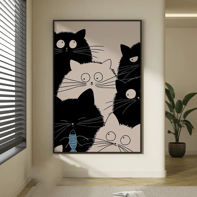简约现代客厅沙发背景墙装饰画z时尚卡通猫咪挂画竖版玄关卧室壁图片