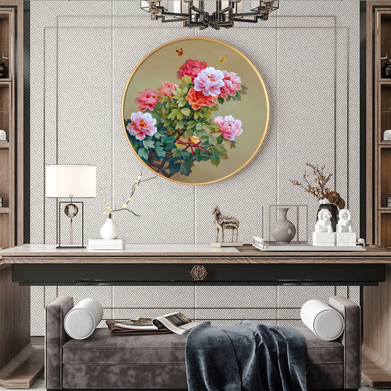 简约轻奢花开富贵牡丹手绘玄关圆形油画走廊客厅餐厅花卉装饰画图片