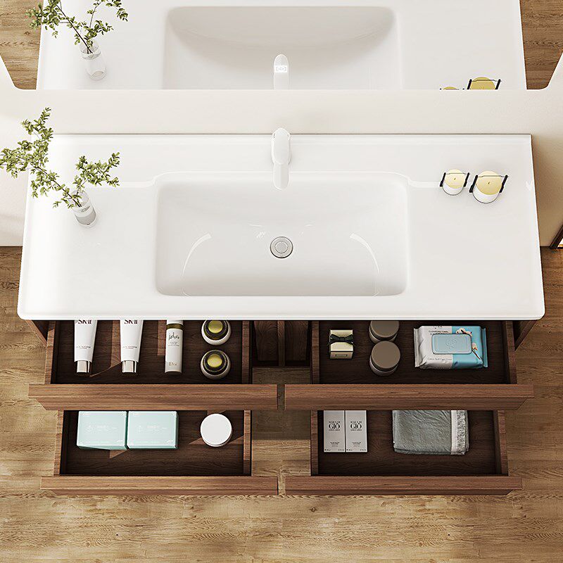 中古风胡桃木浴室柜骨骼线陶瓷一体盆洗手盆洗脸盆柜洗漱台