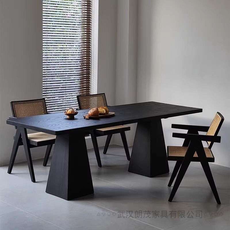 高级白蜡木实木餐桌大板茶桌新中式办公桌轻奢工作台碳化黑色创意