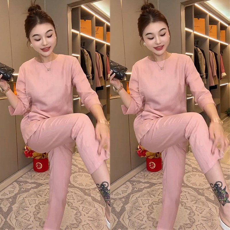 欧货气质时尚套装i女2025春夏洋气减龄设计感中长t恤+小脚裤两件
