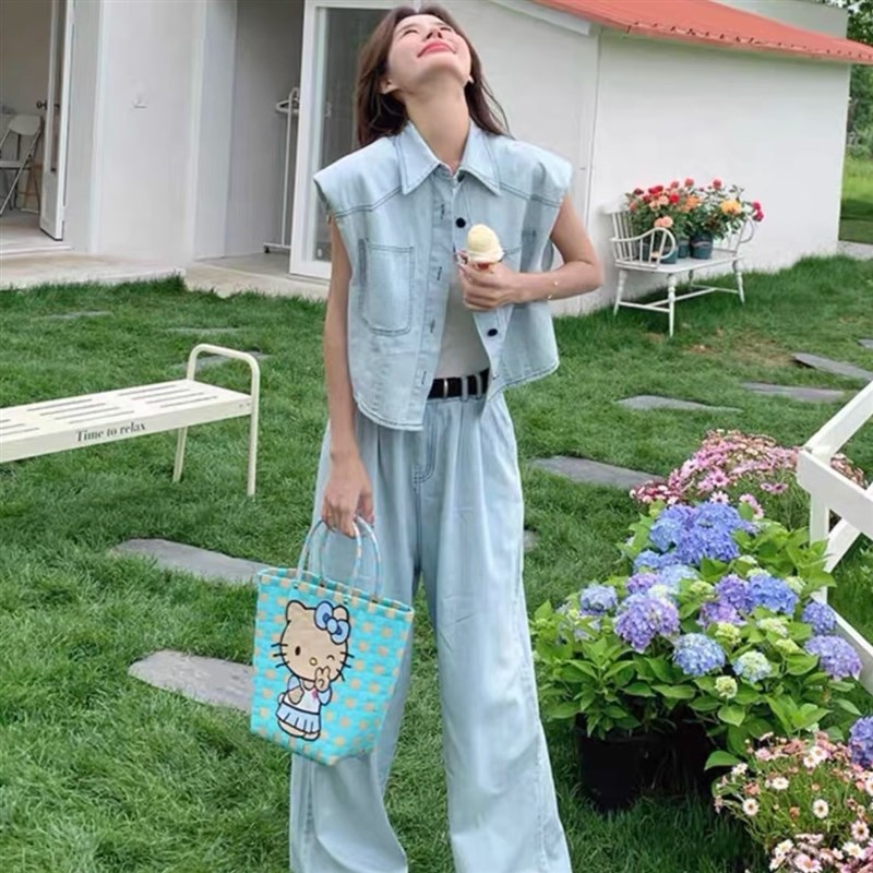时尚小个子休闲马甲阔腿q裤两件套港风无袖牛仔套装女2025夏装新