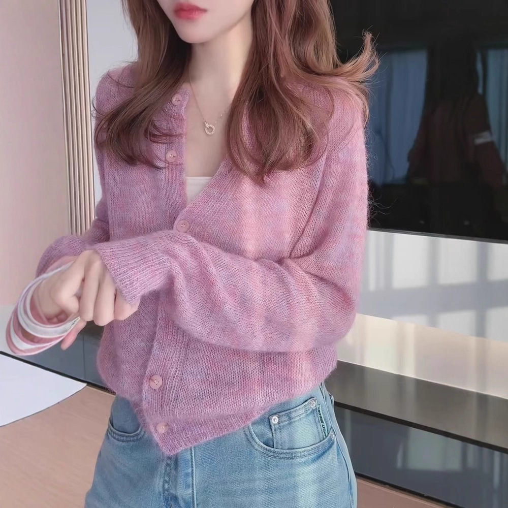 粉色马海毛毛衣开衫女款