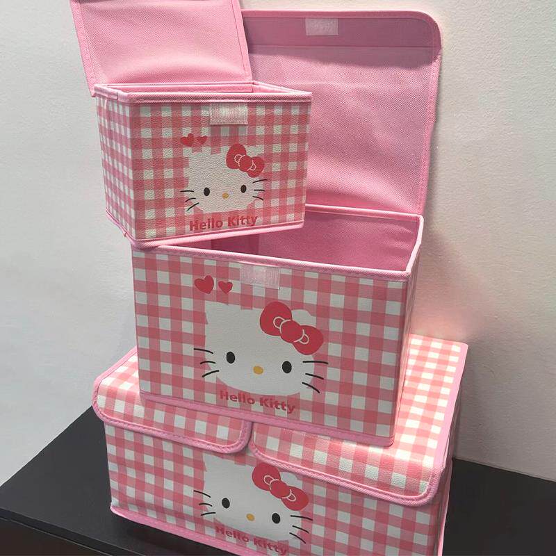 hellokitty收纳箱桌面格子储物盒凯蒂猫女学生宿舍卧室带盖折叠桶