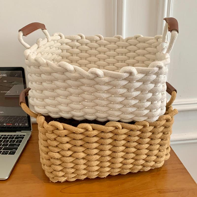 ins风棉绳编织收纳篮桌面零食杂物整理盒化妆品收纳筐家用大容量