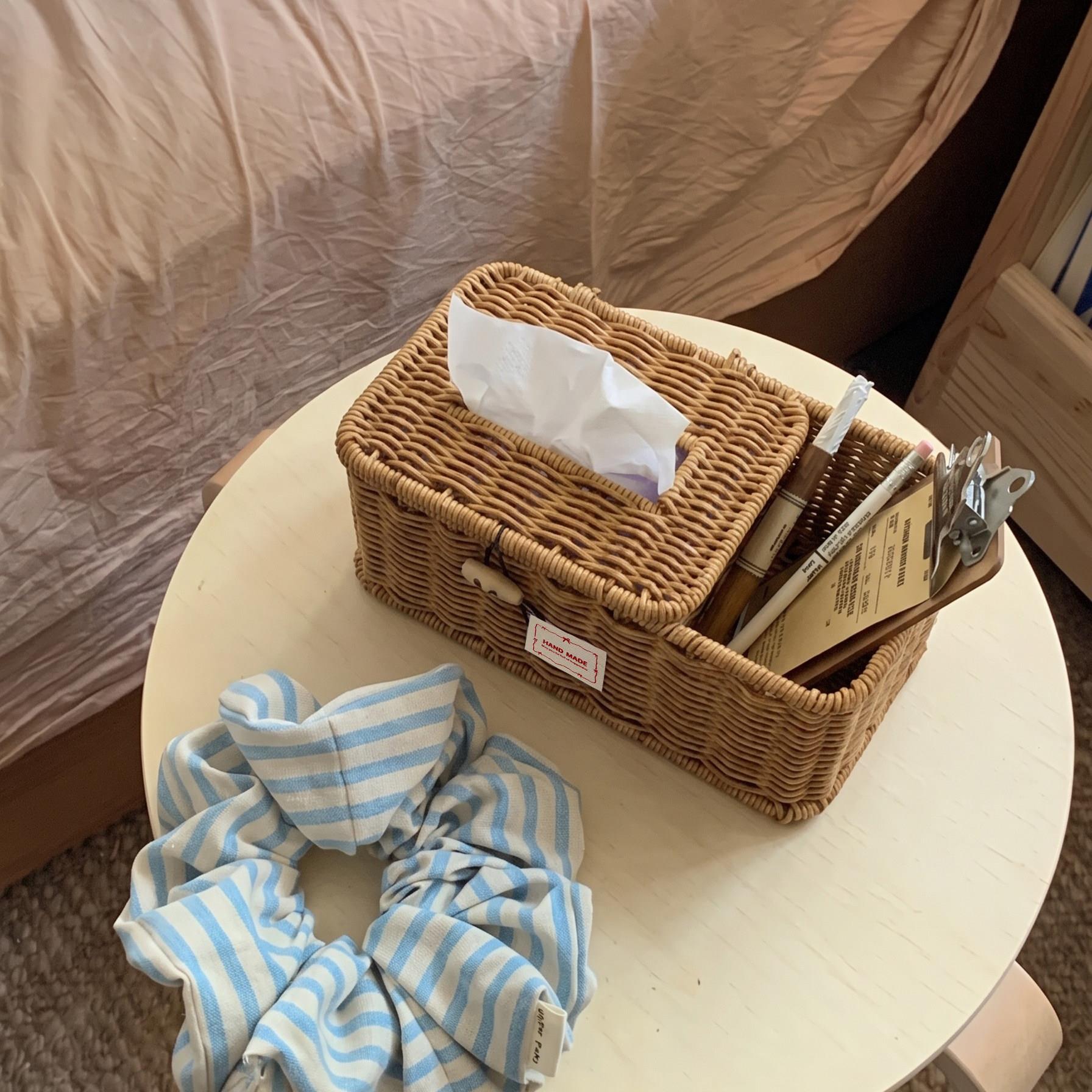 简约风桌面收纳盒茶几杂物纸巾遥控器多功能收纳盒藤编家用置物盒