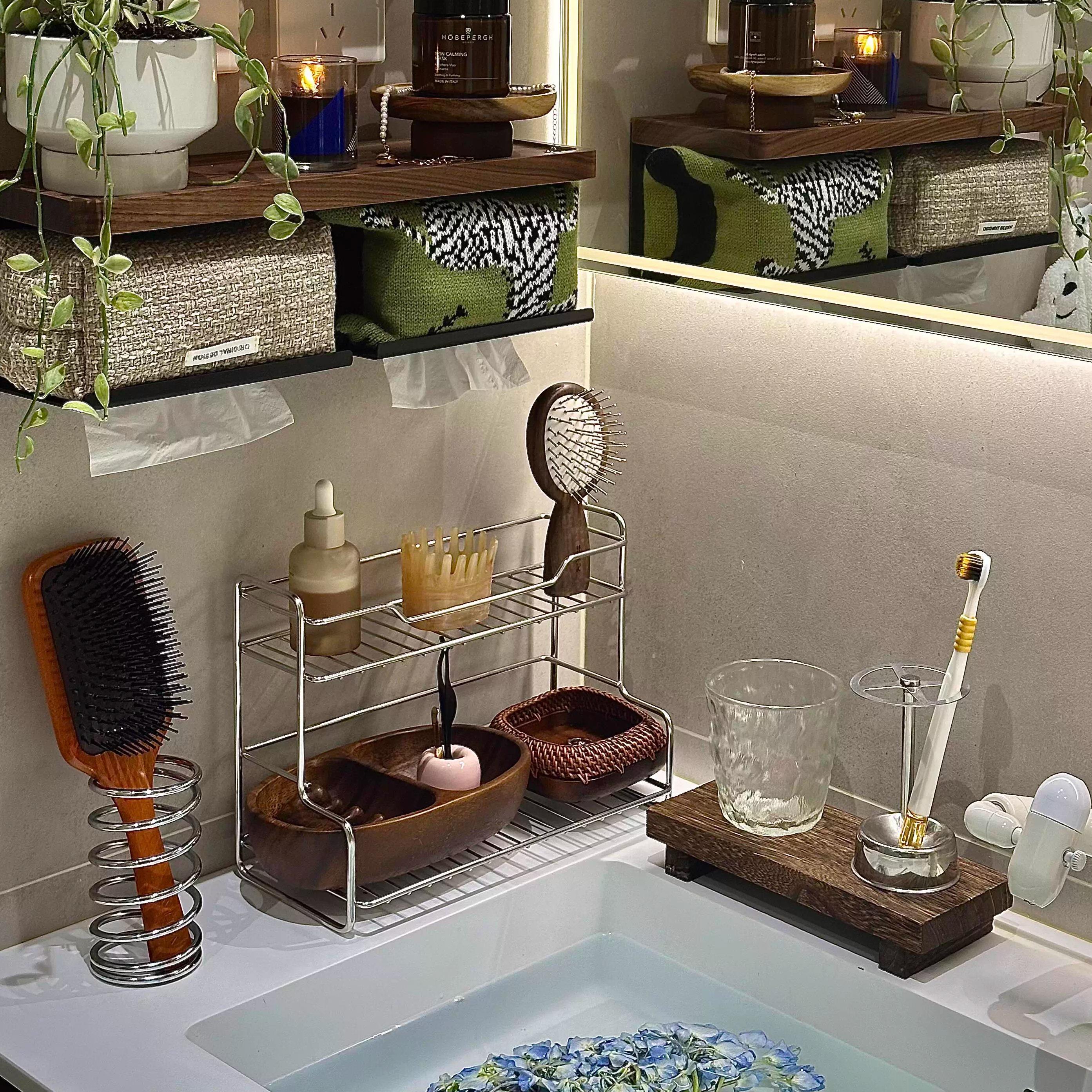 洗漱台收纳架桌面收纳盒置物不锈钢化妆品筐实木篮卫生间浴室厕所