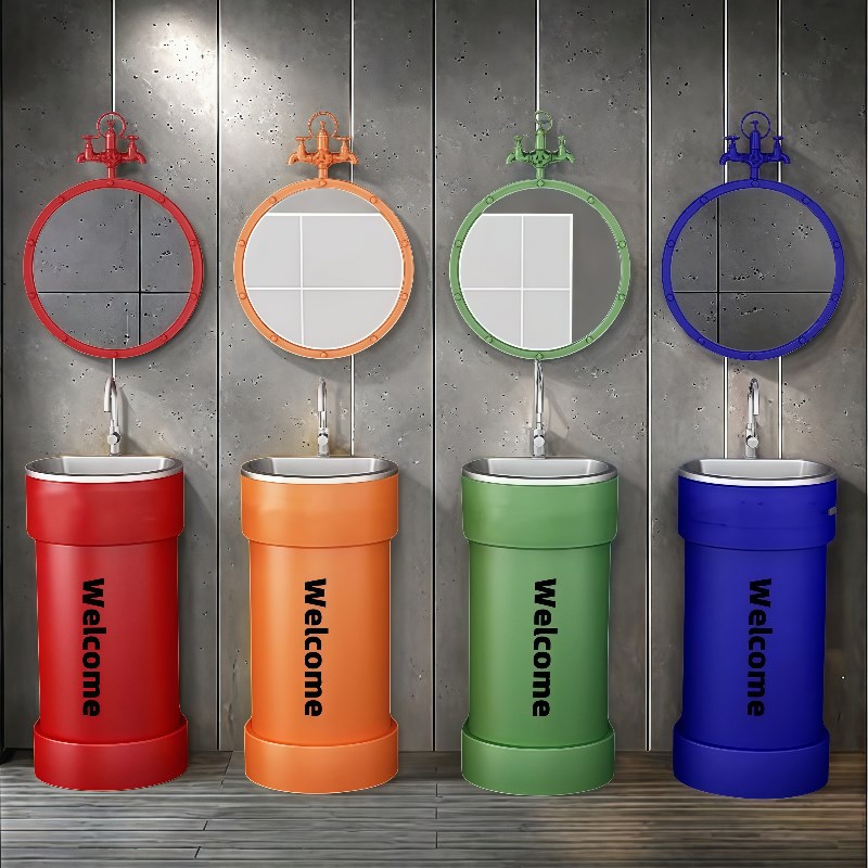 民宿工业风洗手盆酒吧洗脸盆立柱复古洗漱台创意圆形不锈钢洗面盆