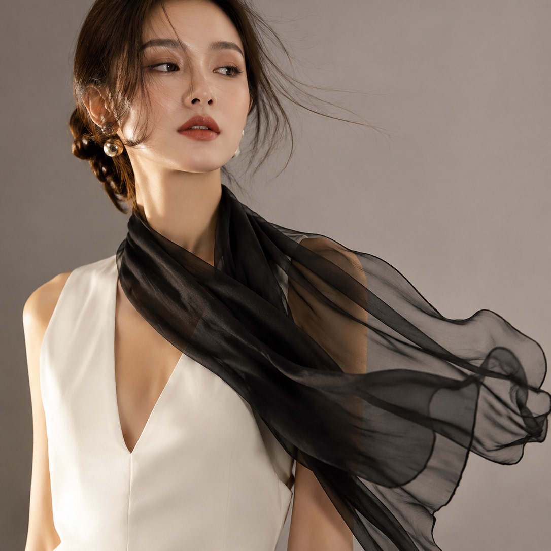 达芬奇密码新款黑色长条丝巾真丝桑蚕丝女士披肩长款纱巾围巾配饰
