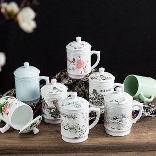 茶 主人泡茶杯陶瓷会议办公杯带手柄功夫家用水杯青花瓷带Z盖老式