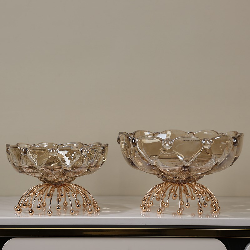 现代简约干果盘高脚水晶玻璃水果盘金色客厅家用茶几点心零食收纳