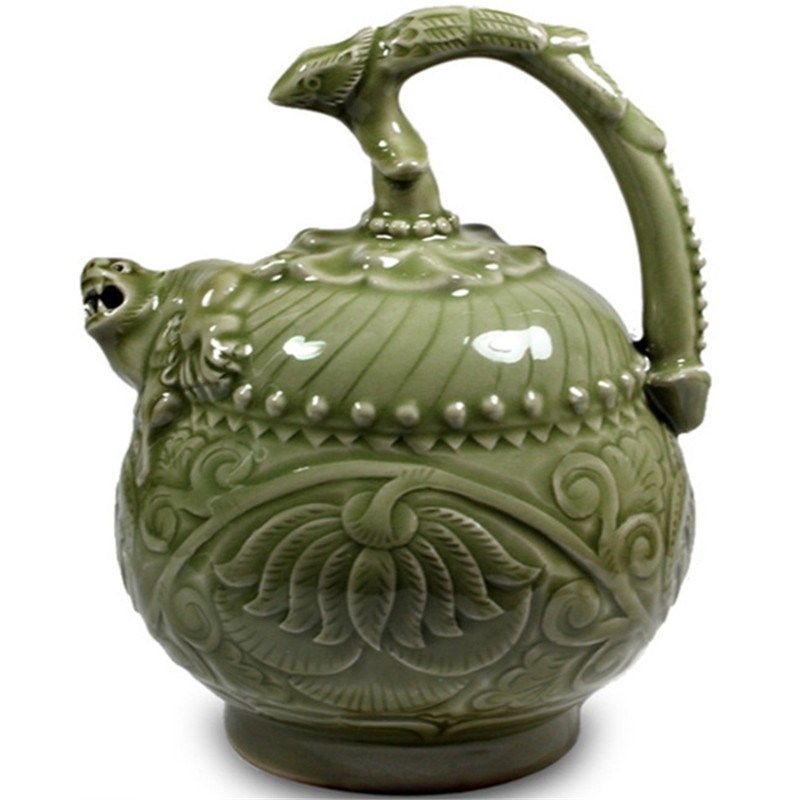 陕西耀州窑青釉倒流壶酒具仿古董龙头杯爵杯出国礼品家居