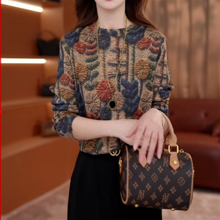 F花朵女士打底衫 2025秋季 洋气减龄印花双面绒保暖打底衫 时尚 新款