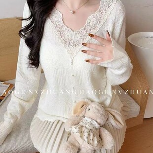 显瘦浮雕时尚 大码 法式 镂空宽松长袖 春秋 打底衫 重工蕾丝针织衫