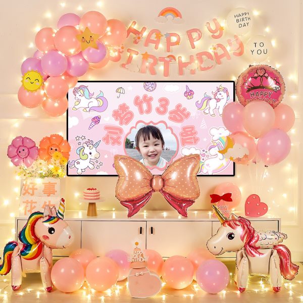 女孩儿童一周岁生日装饰场景布置用品派对背景墙电视投屏气球
