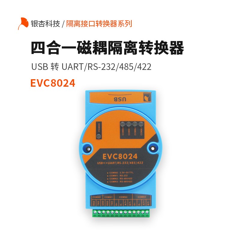 USB转RS232/485/422/TTL通讯模块串口高速隔离转换器EVC8024银杏