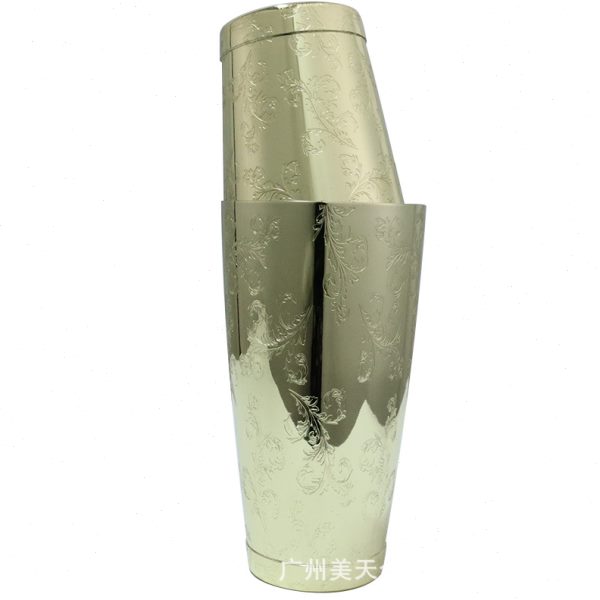 波士顿调酒器蚀刻电镀摇壶创意刻花波士顿厅杯304不锈钢调酒用具