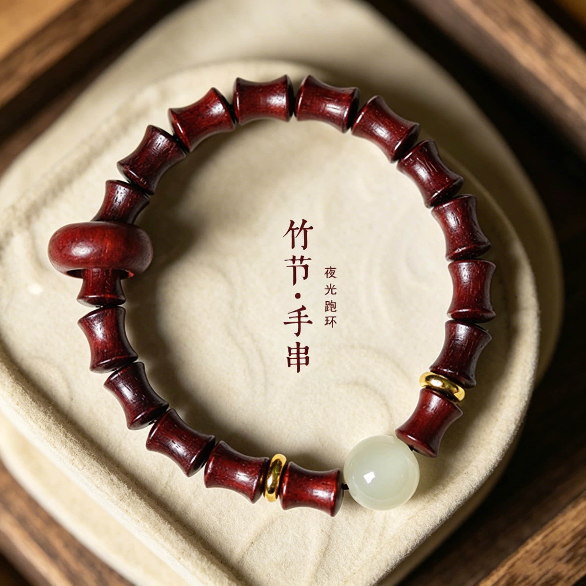 小叶紫檀血檀木竹节节高升手串夜月光石跑环文玩手链男女士念佛珠