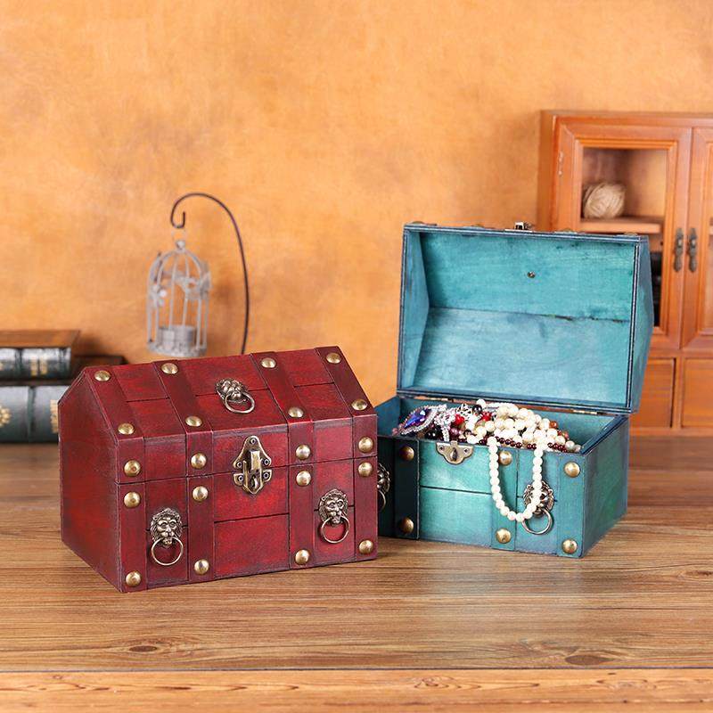 覆古带锁收纳盒木质桌面首饰盒宝藏密码盒儿童百宝箱小箱子木盒子
