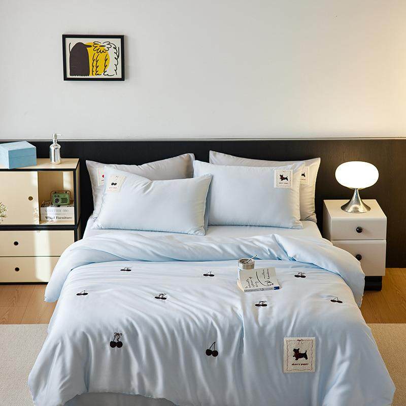 少女心60支兰精天丝夏季床品四件套丝滑凉感裸睡樱桃刺绣被套床单