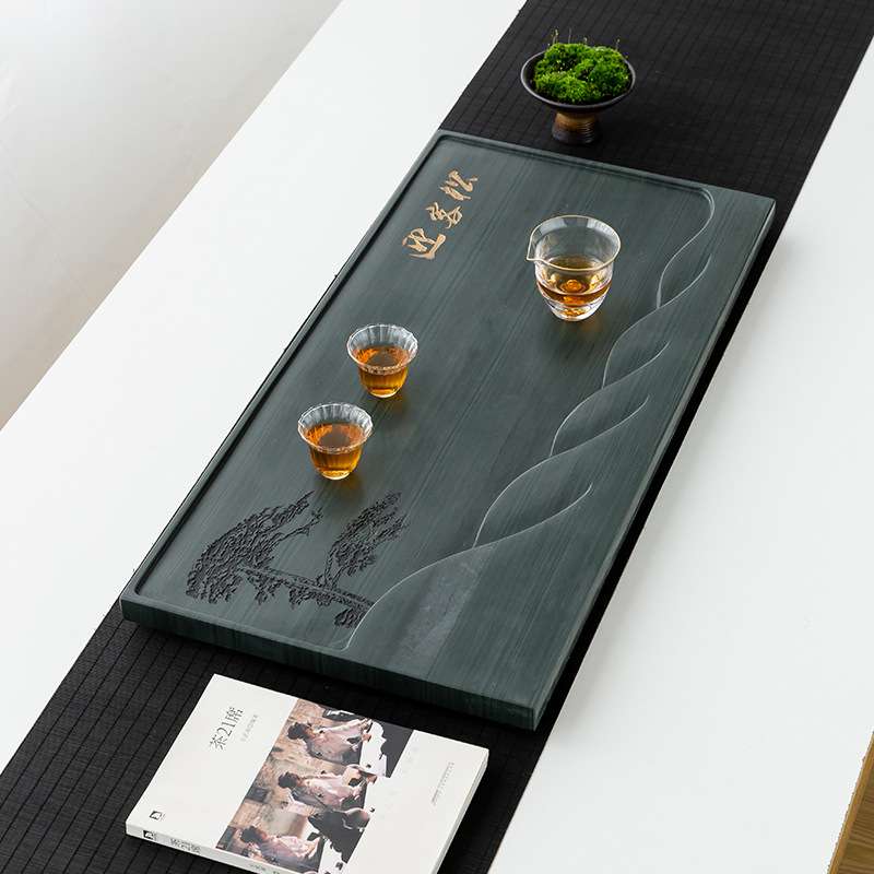 天然绿檀木纹石茶盘家用简约整块石头茶台大茶海轻奢小型排水托盘