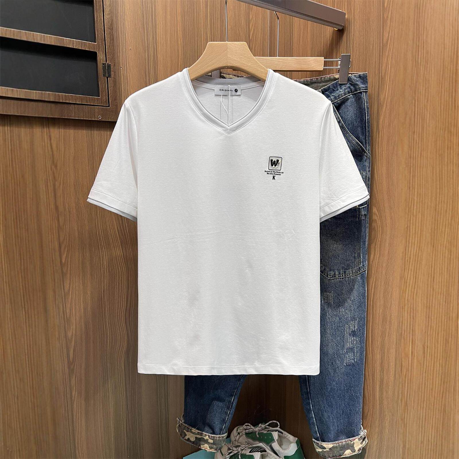 男士t恤V领假两件高端品牌夏季新款潮牌男款短袖正肩修身上衣服