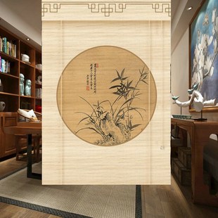 印花竹帘卷帘子升降窗帘挂画茶室装 定制中式 饰遮光Y隔断卷门帘