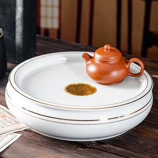 高端轻奢现代潮汕羊脂q玉陶瓷双层圆形家用储水描金茶盘功夫茶具