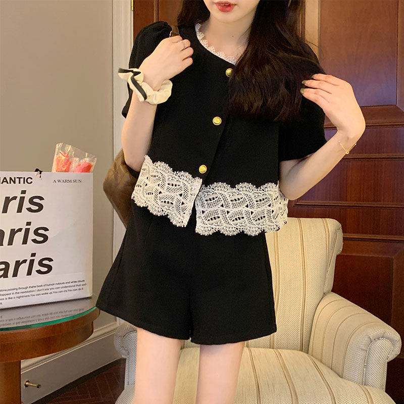 大码女装胖mm显瘦遮肉套装裤法式复古小香风上衣短裤两件套减龄夏