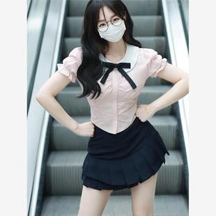 藏青色百褶裙时尚 学院风jk制服辣妹套装 粉色衬衫 女夏季 两件套 新款