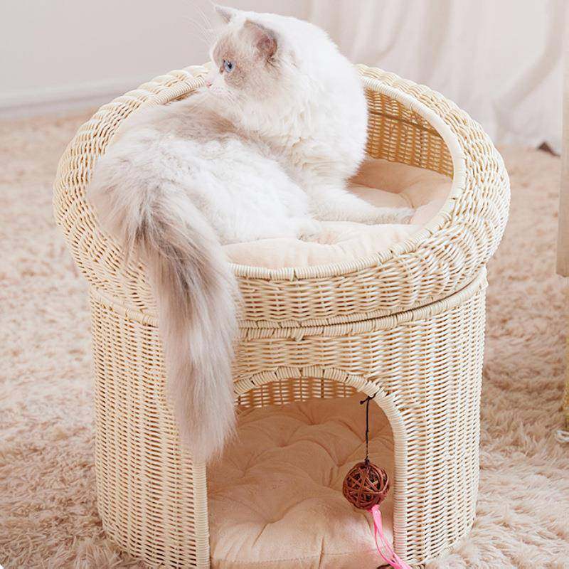猫咪夏季清凉猫窝透气藤编房子幼猫窝四季通用双层半封闭式宠物窝