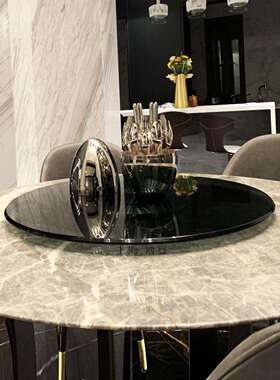 MA99天然本黑色钢化玻璃大酒店饭厅旋转餐桌转盘家用底座连身餐桌