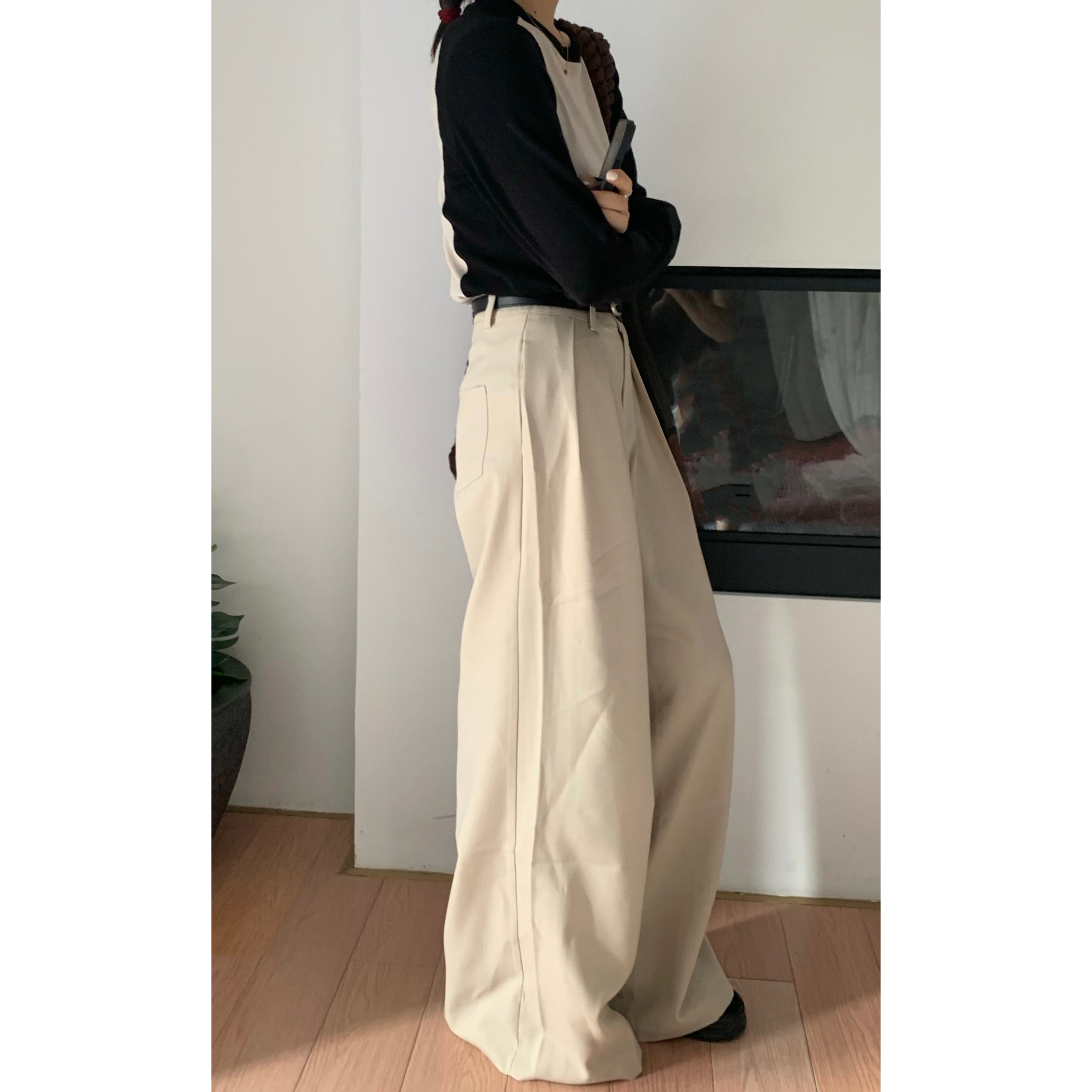 HiiThere 米色西装阔腿裤女垂感西裤高级感韩系高腰直筒休闲裤