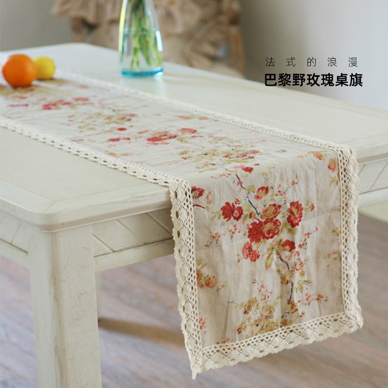巴黎野玫瑰餐桌布桌旗棉麻小清新刺绣田园法式乡村现代简约茶艺