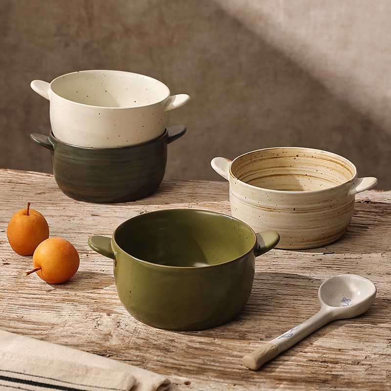 粗陶烤碗早餐碗带耳汤碗面碗水果甜品碗精致网红沙拉碗焗饭碗餐具