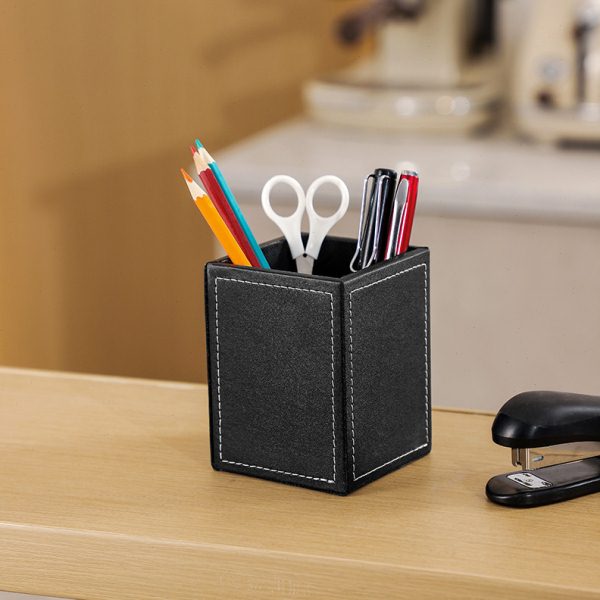 皮革笔筒摆件公用品收纳礼品桌面收纳盒创意方形皮质笔筒印字