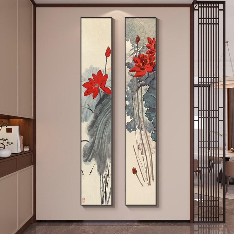 荷花图新中式玄关装饰画走廊过道挂画窄长条书房客厅大白墙组合画图片