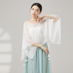 新款白色古典舞蹈服成人飘逸纱衣演出服网纱罩衫现代舞宽松纱衣女