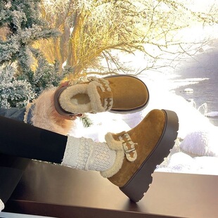 厚底内增高勃肯鞋女2026年新款冬加绒保暖毛毛鞋雪地靴小个子棉鞋