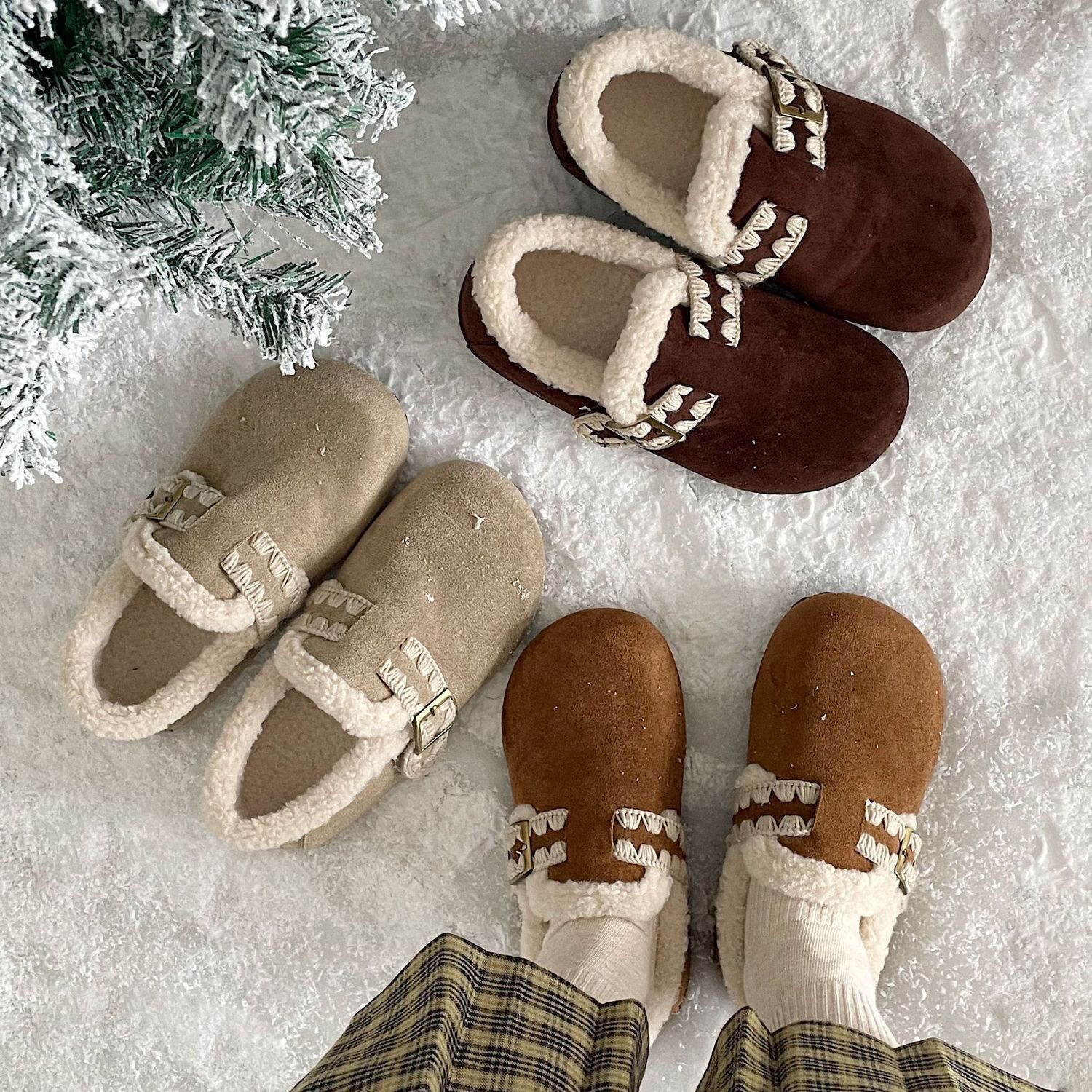 3cm原创加棉加绒舒适保暖平底棉鞋女款2026冬季一脚蹬舒适勃肯鞋