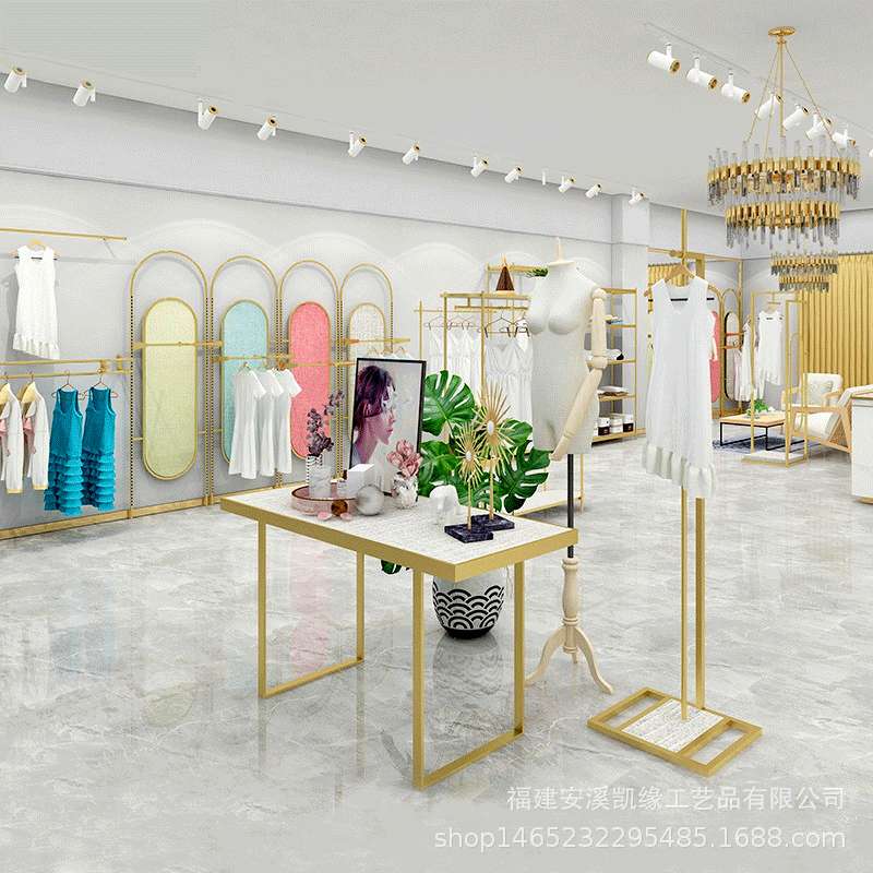 现代简约金色铁艺服装架女装店落地式双层展示架中岛架流水台组合