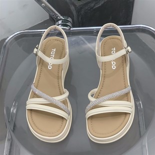 细带水钻休闲 厚底凉鞋 女d2025年夏季 外穿沙滩鞋 百搭增高显瘦时尚