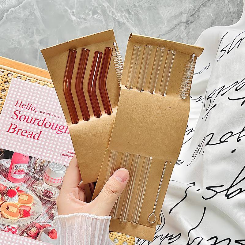 高硼硅玻璃吸管弯曲透明耐高温加厚耐摔食品级牛奶饮料饮管长20cm