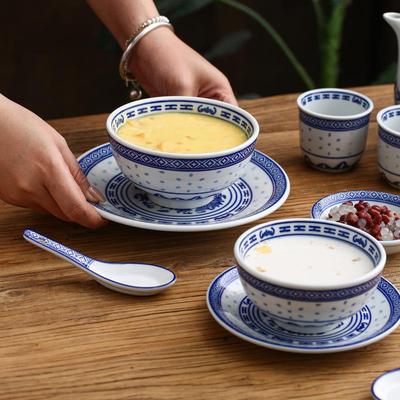 广式糖水店专用甜品碗青花瓷碗商用双皮奶陶瓷碗姜撞奶碗三件套装