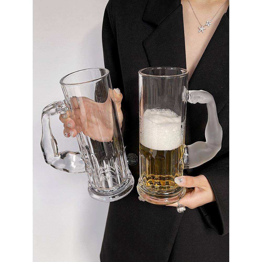 ins风大力士杯磨砂带把玻璃杯大容量果汁杯小众高颜值创意啤酒杯