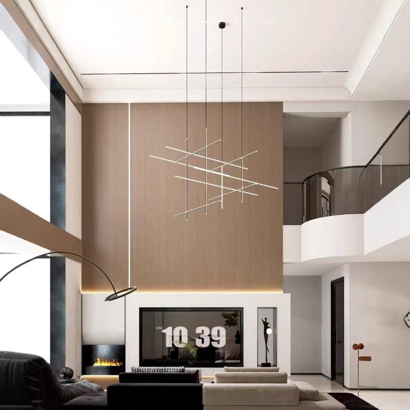 意大利设计师复式楼公寓客厅别墅挑空客厅餐厅吊灯线条楼梯间吊灯