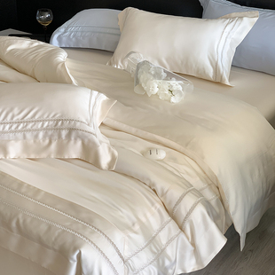 60支双面天丝四件套简约刺绣被套凉感丝滑床上用品 轻奢风纯色夏季