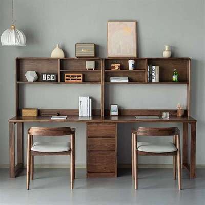 北美黑胡桃木实木双人书桌书架一体北欧樱桃木书房电脑办公桌组合